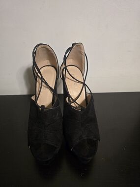 Boo Hoo Black Suede Peep-Toe Platform Heels with Ankle Wrap